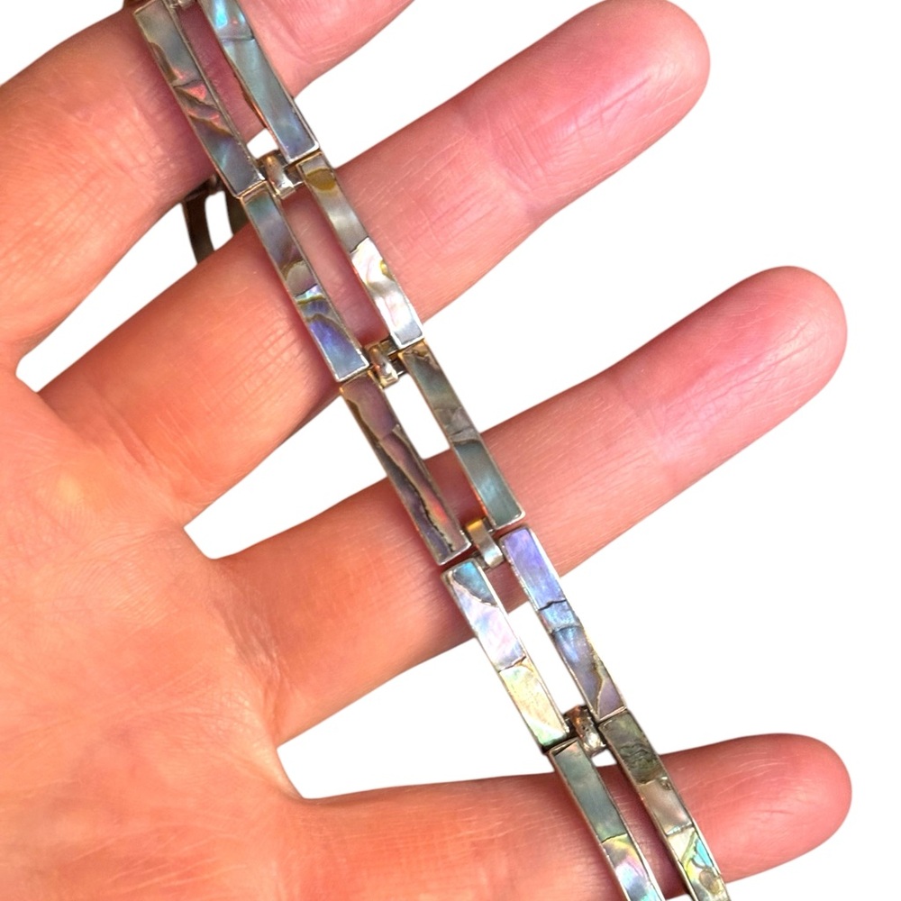 TAXCO MEXICO VINTAGE ABALONE INLAY STERLING SILVER MODERNIST 7" PANEL BRACELET - Picture 2 of 6